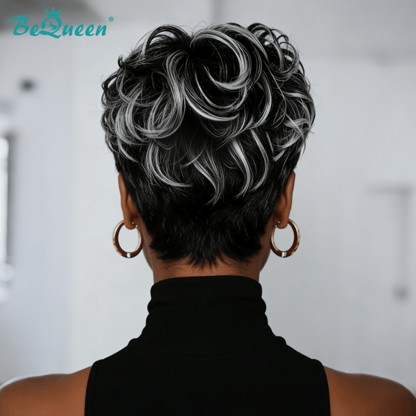 overseas PIXIE WIGS Bequeen Salt Mixed Black Fashion Styled Pixie Wig