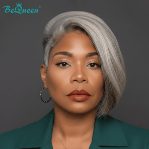 overseas PIXIE WIGS BeQueen Salt&Pepper Color Side Part Long Pixie Cut Wig