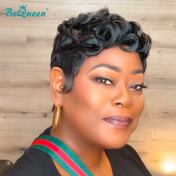 overseas PIXIE WIGS Bequeen Sexy Wave 1B Natural Black Machine Made Short Wig
