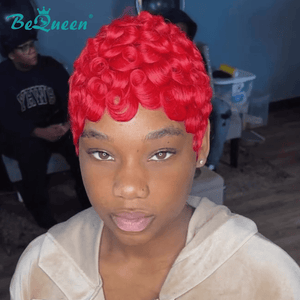 overseas PIXIE WIGS Bequeen Shinning Red Finger Wave Machine Made Pixie Wig