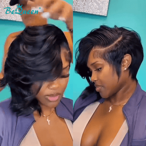 overseas PIXIE WIGS Bequeen Side Part Natural Wave 1B Frontal Lace Wig