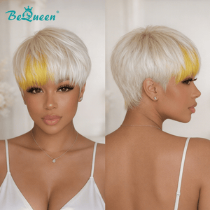overseas PIXIE WIGS Bequeen Silver Highlight Yellow Straight Special Style Pixie Cut Wig