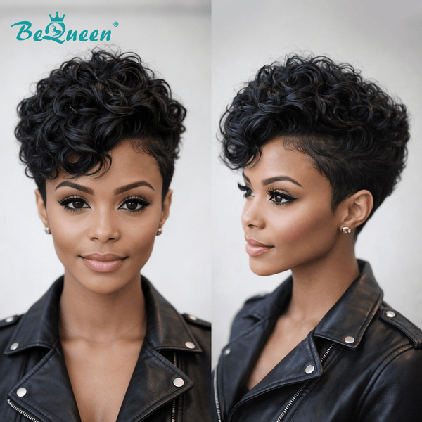 overseas PIXIE WIGS Black Bequeen Special Made Natural Wave Lace Pixie Cut Wig