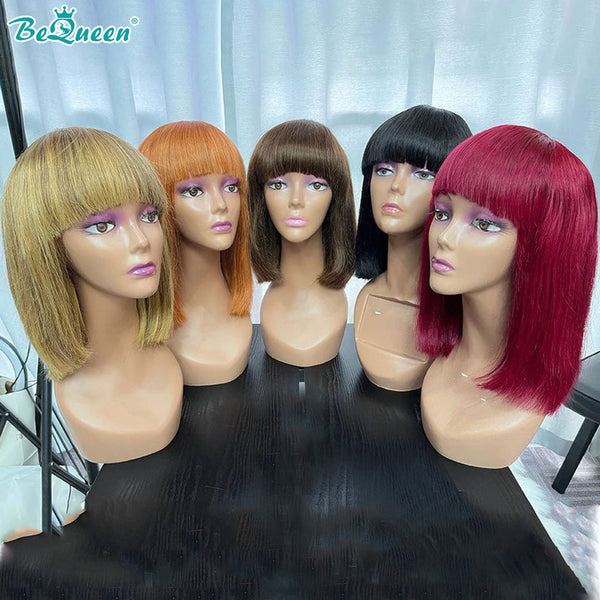 BEQUEEN Straight 100% Virgin Human Hair Machine Made Wig With Bangs BeQueenWig