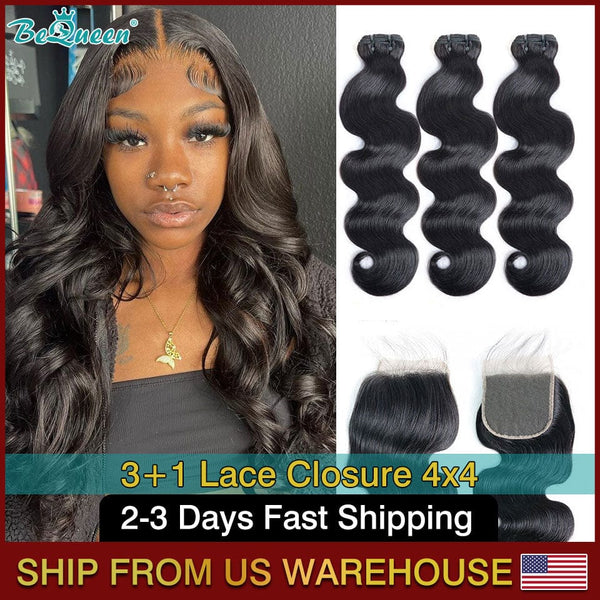 BEQUEEN 3Pcs With 4x4 Closure Body Wavy Best Virgin Human Hair Bundles BeQueenWig