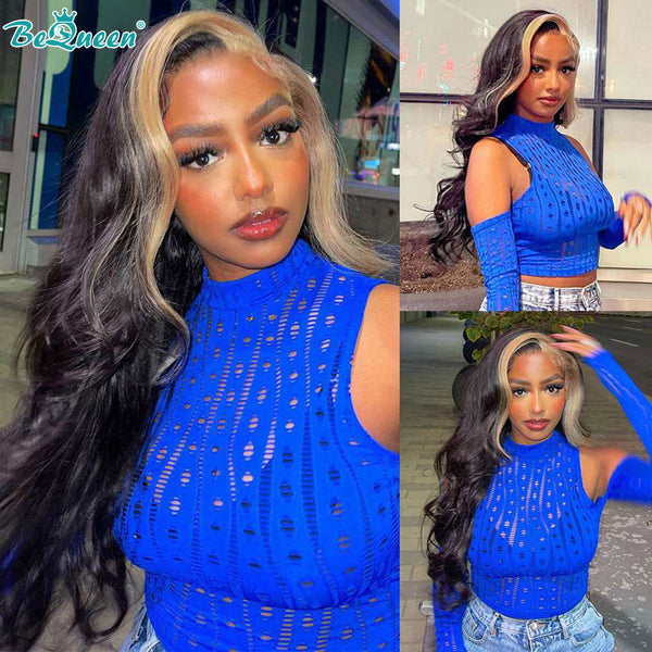 BEQUEEN 1B Highlights 613 Body Wave 13X4 Lace Frontal Wig Human Hair Wig BeQueenWig
