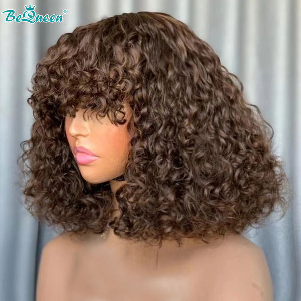 BEQUEEN Machine Made 4# Deep Wave Short Cut Wig Pixie Cut 100% Human Hair BeQueenWig