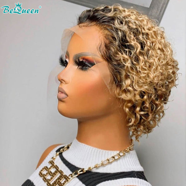 BEQUEEN 1B27 Curly T PART WIG Pixie Cut Short Wig 100% Human Hair BeQueenWig