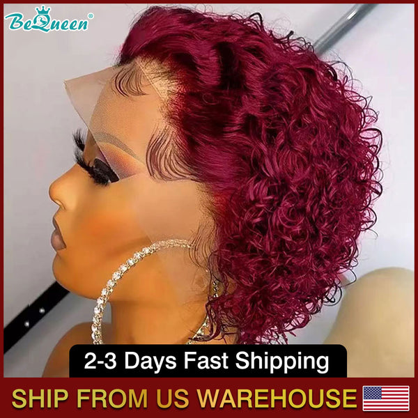 BEQUEEN 99J Curly T PART WIG Pixie Cut Short Cut Wig 100% Human Hair BeQueenWig