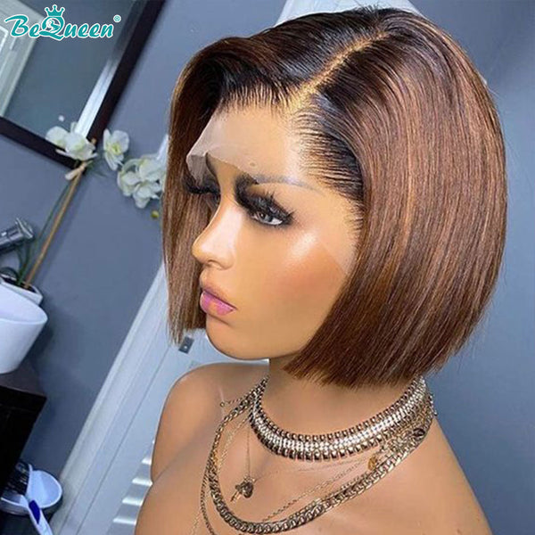 BEQUEEN 13x4 Lace Front Wig 1B/4 Straight Wave Bob Wig 100% Human Hair BeQueenWig