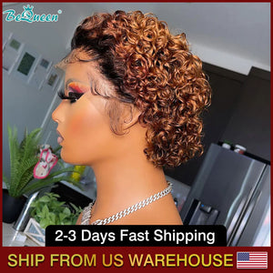 BEQUEEN 1B30 Curly T PART WIG Pixie Cut Short Cut Wig 100% Human Hair BeQueenWig