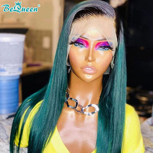 BEQUEEN 1B Green Straight 13X4 Lace Frontal Wig Human Hair Wig BeQueenWig