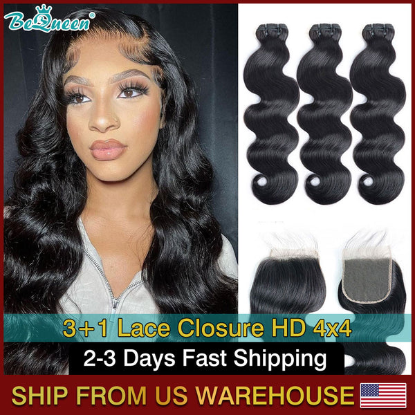 BEQUEEN Body Wave Human Hair Bundles With HD 4x4 Lace Closure BeQueenWig
