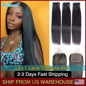 BEQUEEN 3Pcs With 4x4 Closure Straight Best Virgin Human Hair Bundles BeQueenWig
