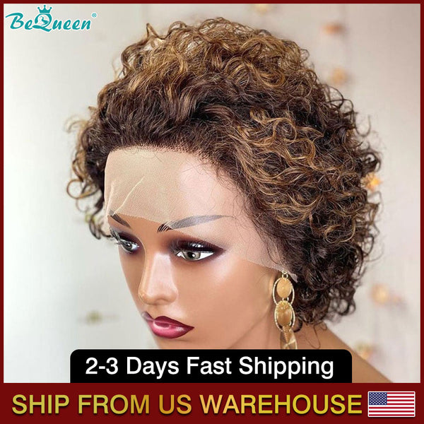 BEQUEEN 4T27 Curly T PART WIG Pixie Cut Short Cut Wig 100% Human Hair BeQueenWig