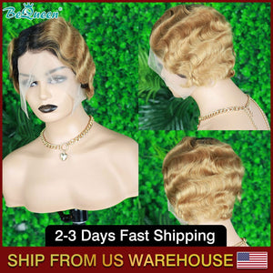 BEQUEEN T27 Water Wave T Part Wig Pixie Cut Short Wig 100% Human Hair BeQueenWig