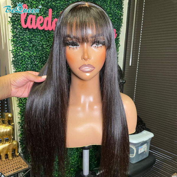 BEQUEEN 1B Long Straight 100% Human Hair Machine Made Wig With Bangs BeQueenWig