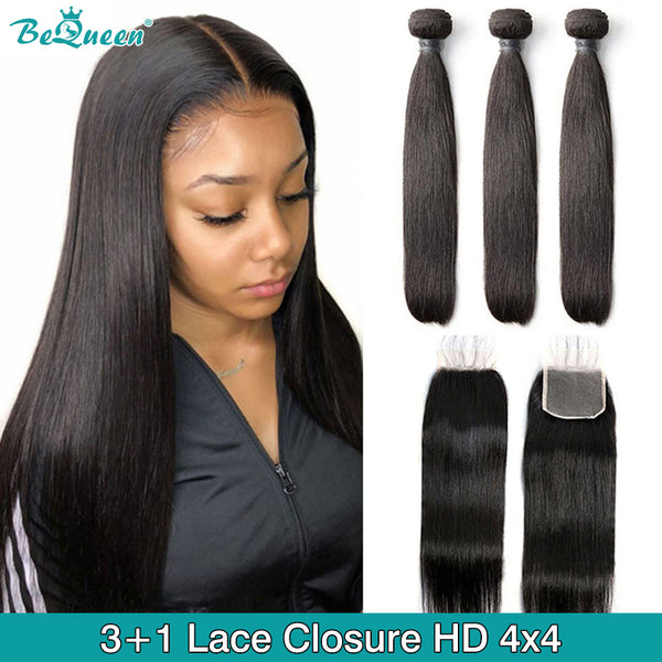 BEQUEEN Straight Human Hair Bundles With HD 4x4 Lace Closure BeQueenWig