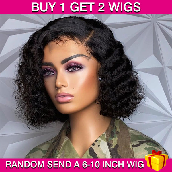 BEQUEEN Buy 1 Get 2 Wig - First Wig: 4x4 Deep Wave Bob (Second Wig: 6-10 Inch Wig Randomly Sent) BeQueenWig