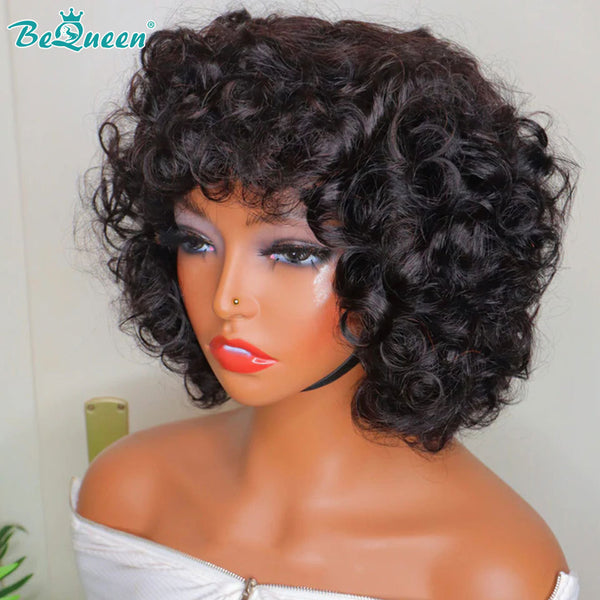 BEQUEEN 1B Egg Roll 100% Virgin Human Hair Machine Made Wig With Bangs BeQueenWig