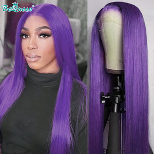 BEQUEEN Purple Straight 13X4 Lace Frontal Wig Human Hair Wig BeQueenWig