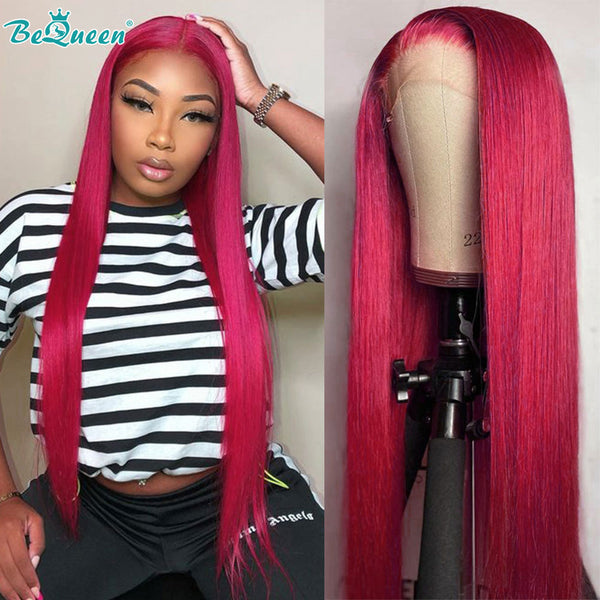 BEQUEEN Rose Red Straight 13X4 Lace Frontal Wig Human Hair Wig BeQueenWig