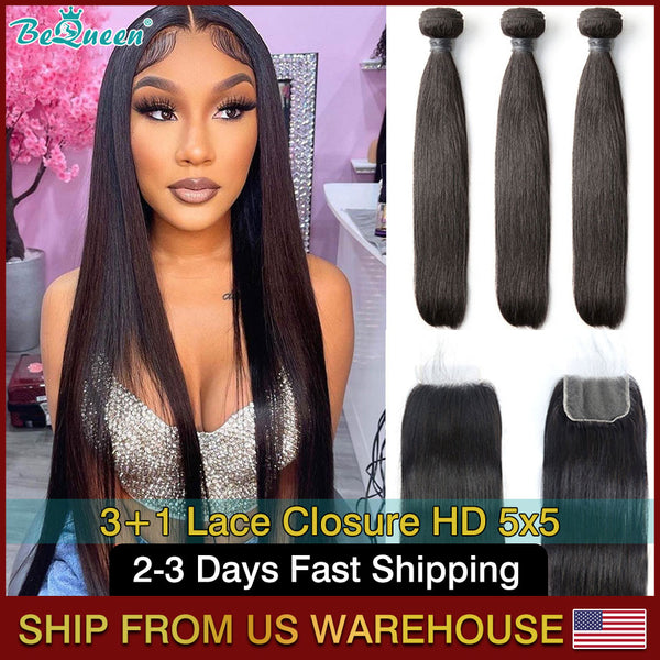 BEQUEEN Straight Human Hair Bundles With HD 5x5 Lace Closure BeQueenWig