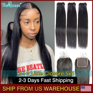 BEQUEEN Straight Human Hair Bundles With 5x5 Lace Closure BeQueenWig