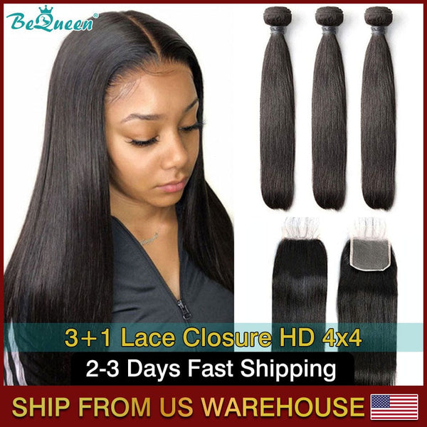 BEQUEEN Straight Human Hair Bundles With HD 4x4 Lace Closure BeQueenWig